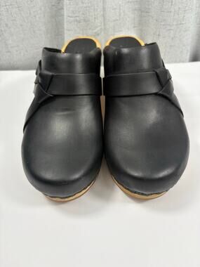 Sanita Manuella Black Leather Wood Clog Sandal Cross Strap Design Handcrafted